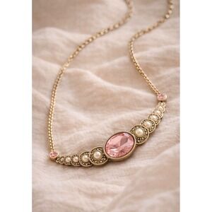 1928 Vintage Style Pink Stone Necklace Romantic Filigree Pearl